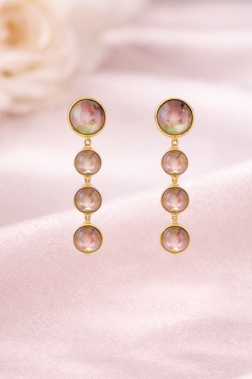 Watermelon Tourmaline Cabochon Graduated Earring Pair Set