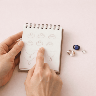 Jewelry designer sketching custom gemstone jewelry ideas with loose stones on a soft pink background