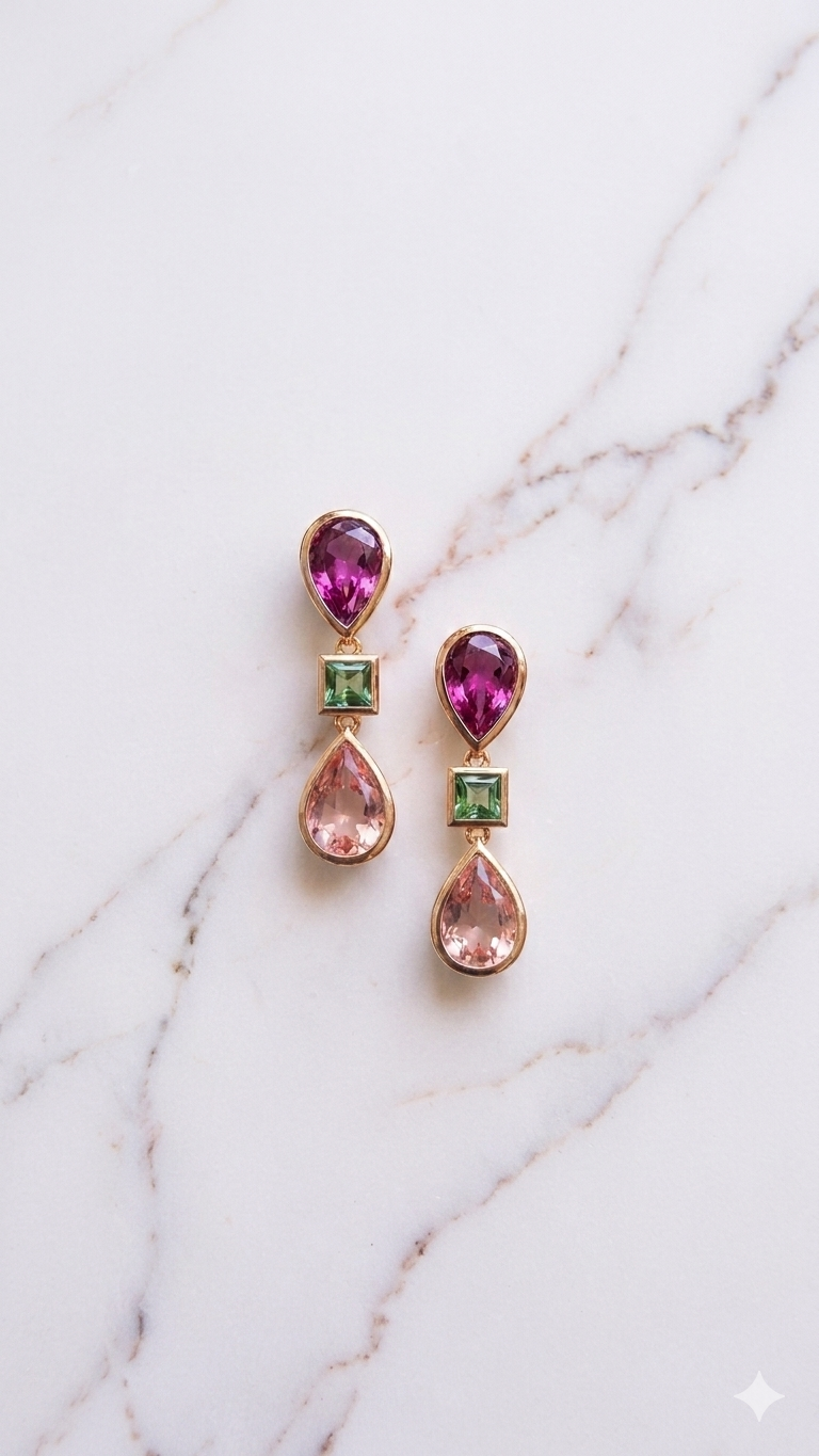 Set de pendientes colgantes de turmalina fucsia en espiral