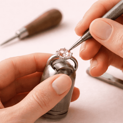 Jeweler hand-setting a gemstone into a ring during the custom jewelry crafting process