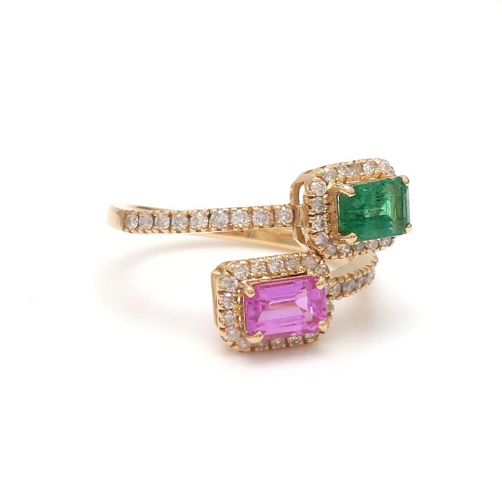 Emerald & Pink Sapphire Two Spiral Ring