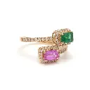 Emerald & Pink Sapphire Two Spiral Ring