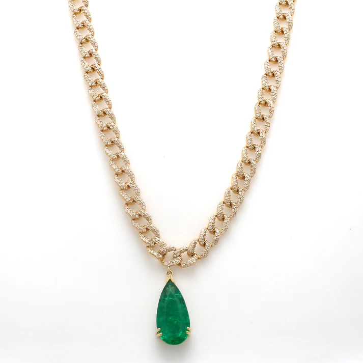 Emerald Pear Cuban Chain Necklace