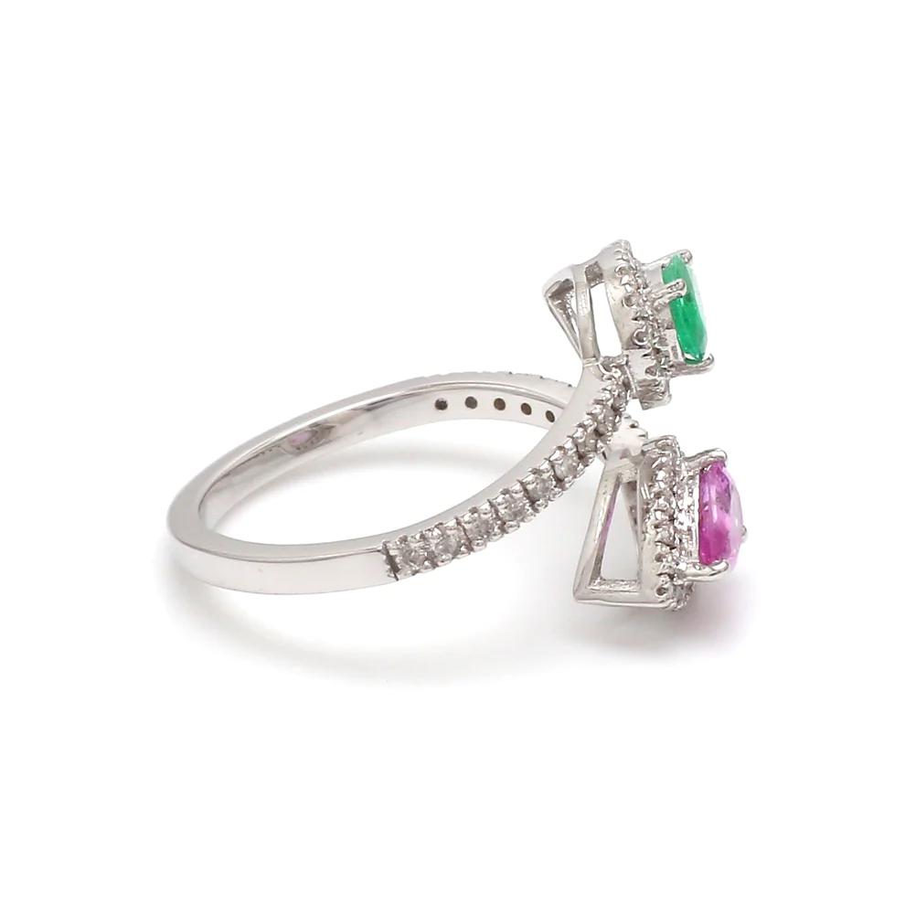 Emerald, Pink Sapphire & Diamond Pear Ring