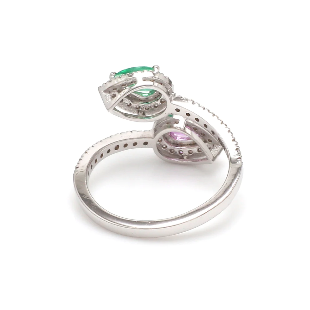 Emerald, Pink Sapphire & Diamond Pear Ring