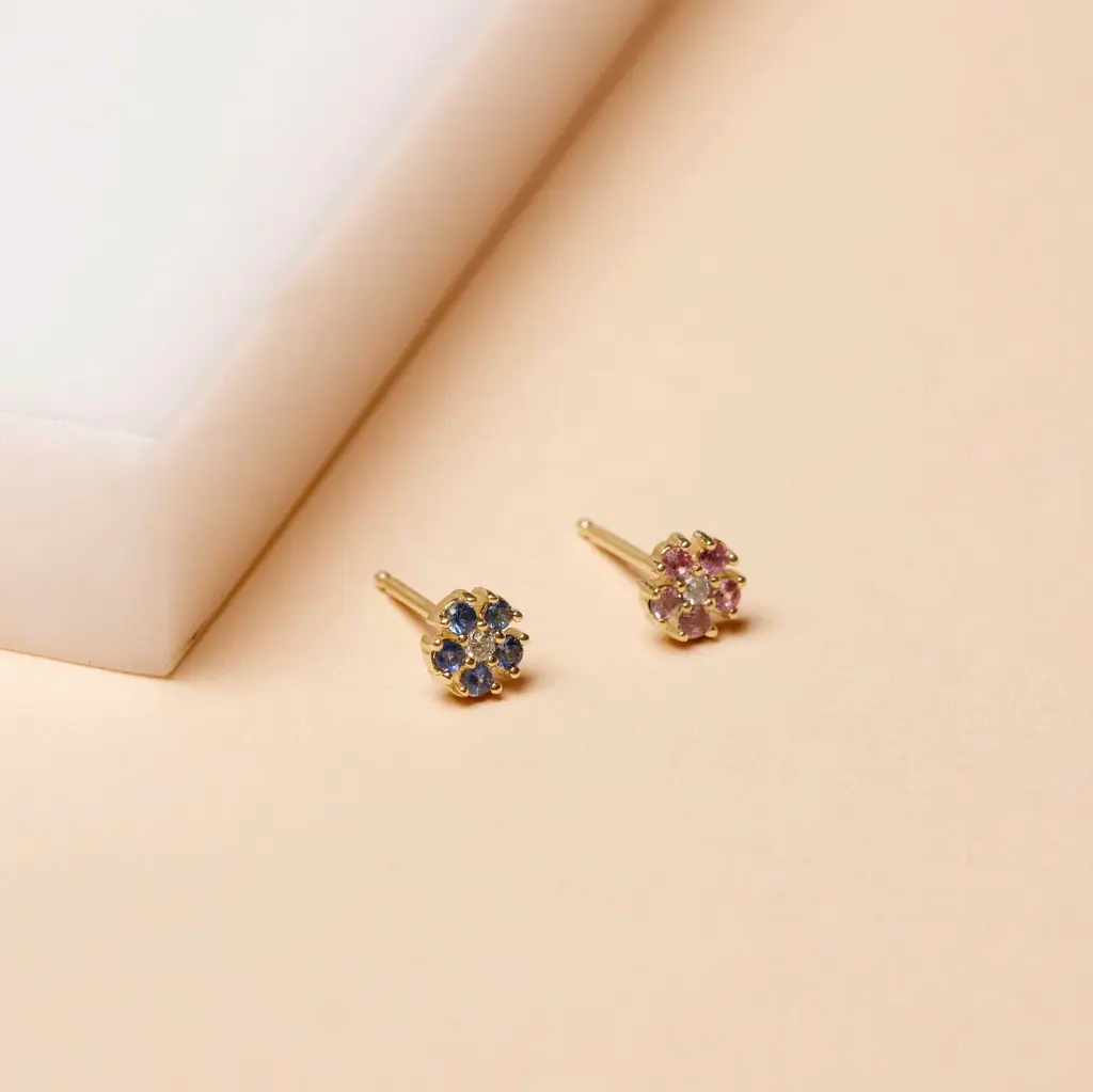 Small Blue Sapphire & Diamond Flower Stud