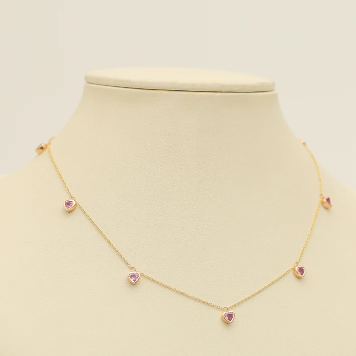 Pink Sapphire Bezel Set Heart Shape Chain Necklace