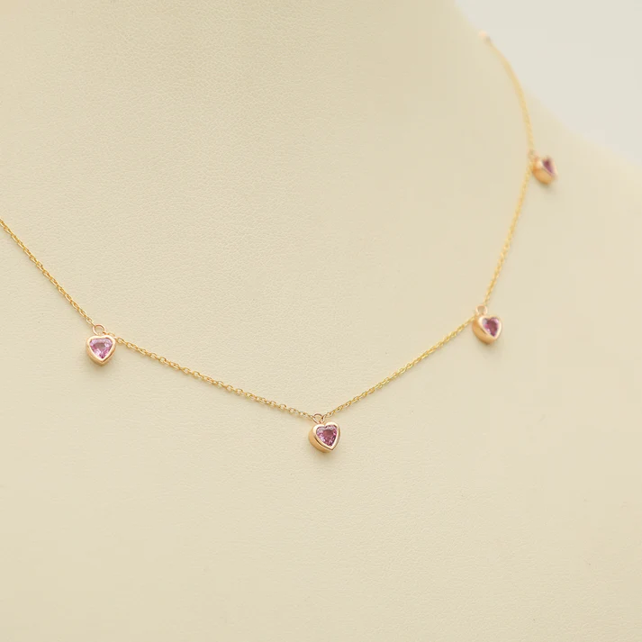 Pink Sapphire Bezel Set Heart Shape Chain Necklace