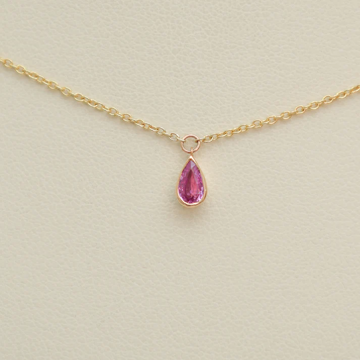 Pink Sapphire Bezel Set Pear Shape Chain Necklace