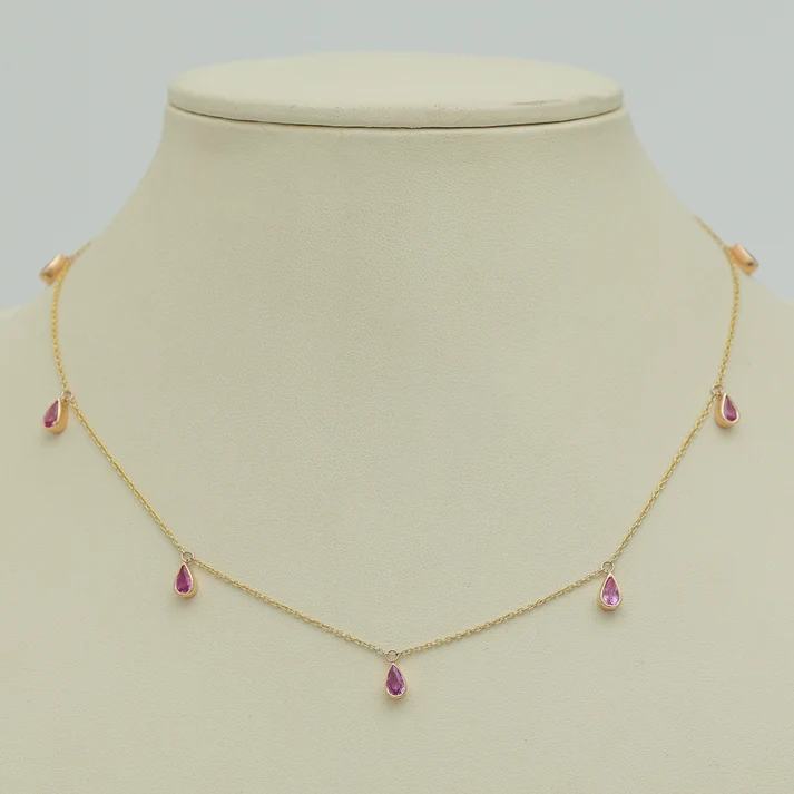 Pink Sapphire Bezel Set Pear Shape Chain Necklace