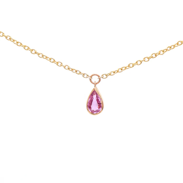 Pink Sapphire Bezel Set Pear Shape Chain Necklace