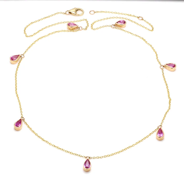 Pink Sapphire Bezel Set Pear Shape Chain Necklace