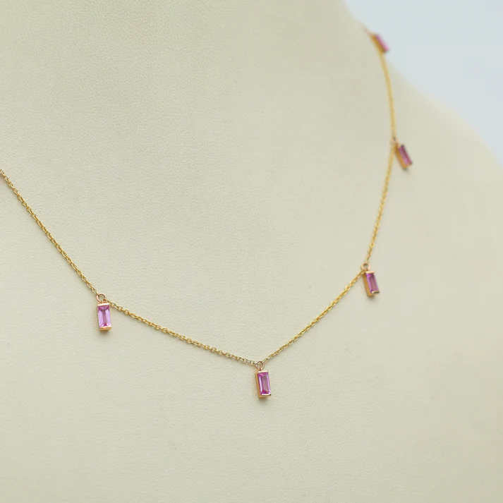 Pink Sapphire Bar Set Baguette Shape Chain Necklace