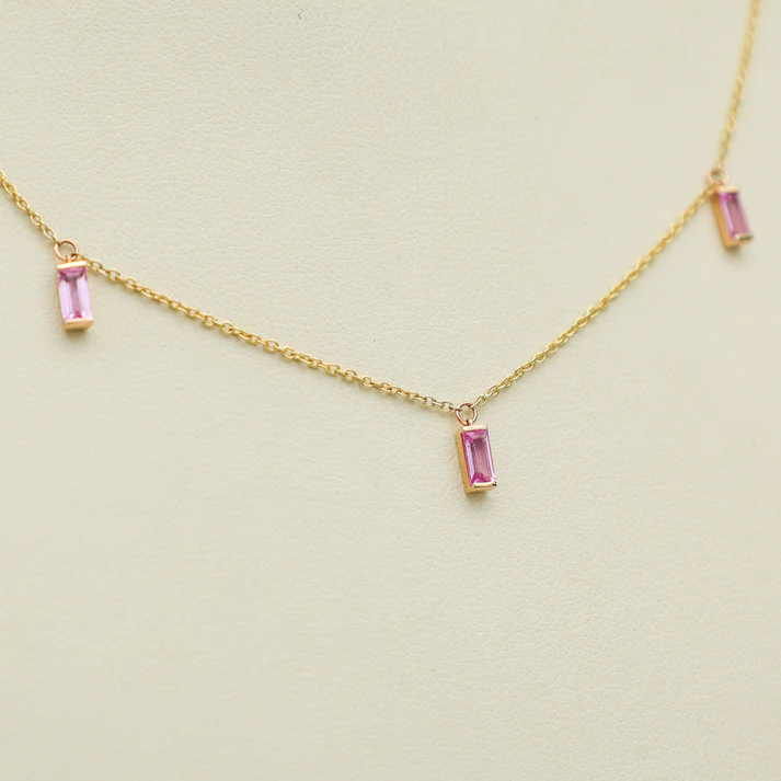 Pink Sapphire Bar Set Baguette Shape Chain Necklace