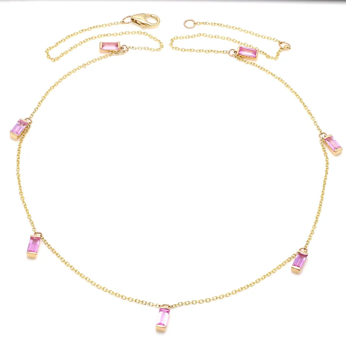 Pink Sapphire Bar Set Baguette Shape Chain Necklace