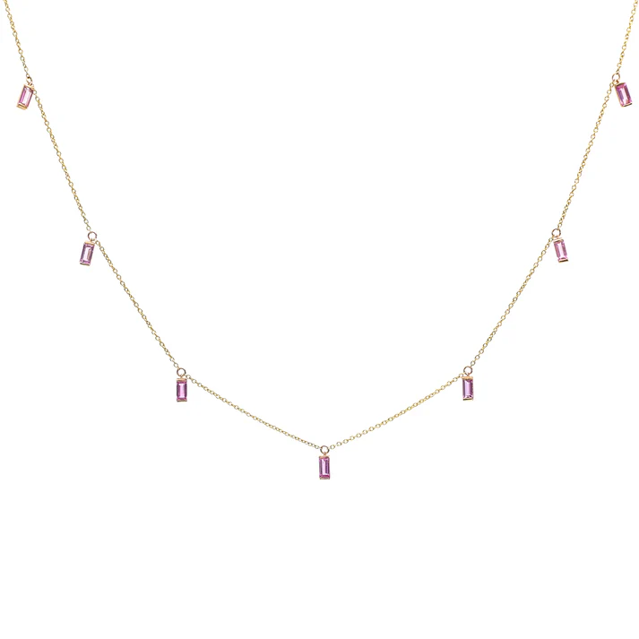 Pink Sapphire Bar Set Baguette Shape Chain Necklace