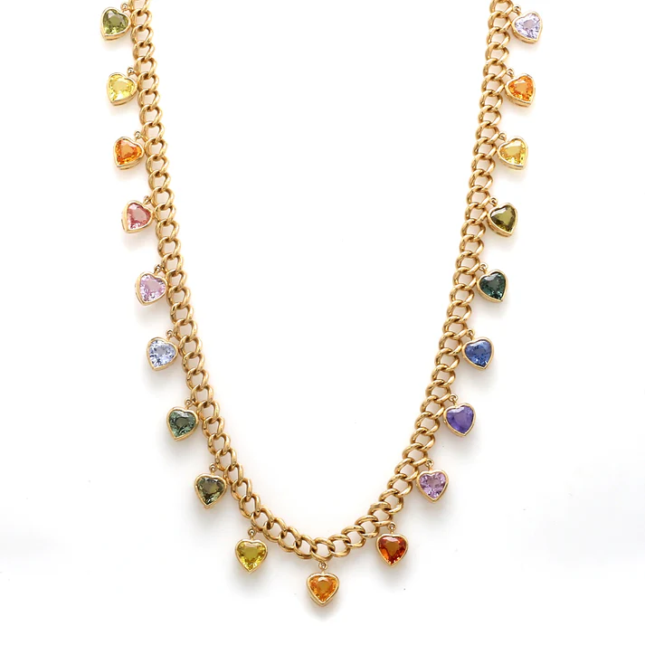 Rainbow Sapphire Bezel Set Heart Link Chain Necklace