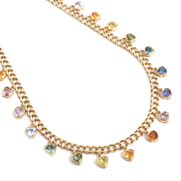 Rainbow Sapphire Bezel Set Heart Link Chain Necklace