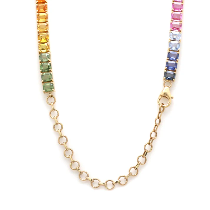 Rainbow Sapphire Emerald Cut Tennis Necklace (Big)