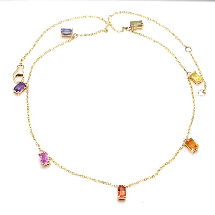 Rainbow Sapphire Emerald Cut Chain Necklace