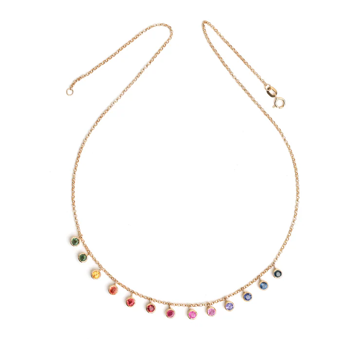 Rainbow Sapphire Bezel Set Round Link Chain Necklace