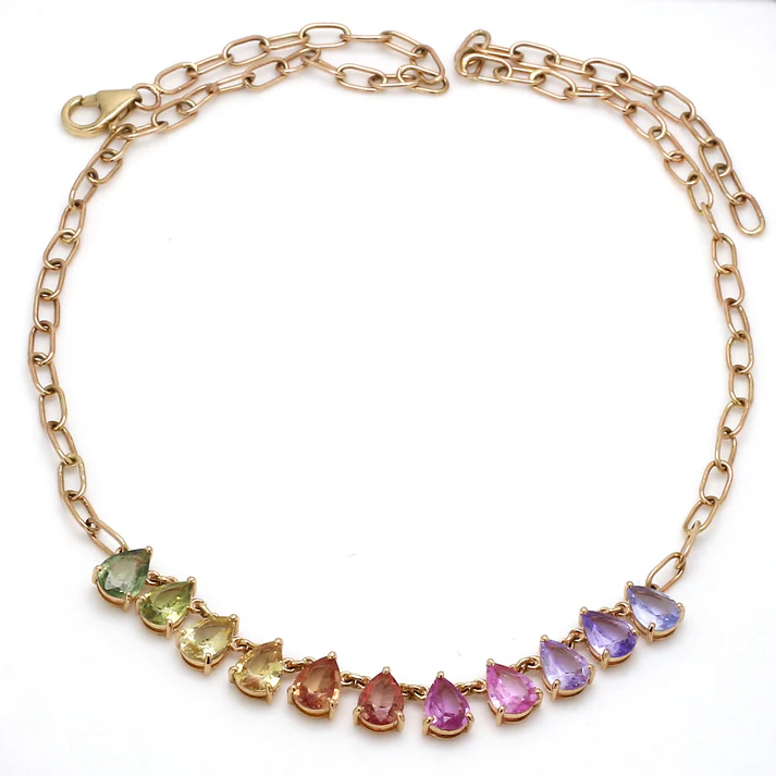 Rainbow Sapphire Pear Prong Set Link Chain Necklace