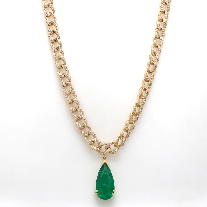 Diamond & Emerald Pear Solitaire Cuban Chain Necklace