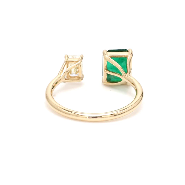 Emerald and Emerald Cut Diamond Open Ring