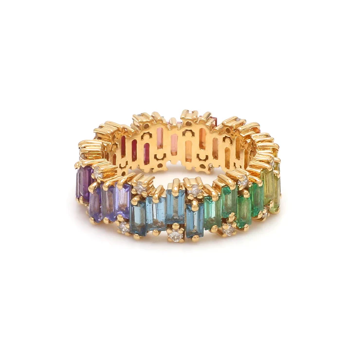 Rainbow Gemstone and Diamond Zig Zag Ring