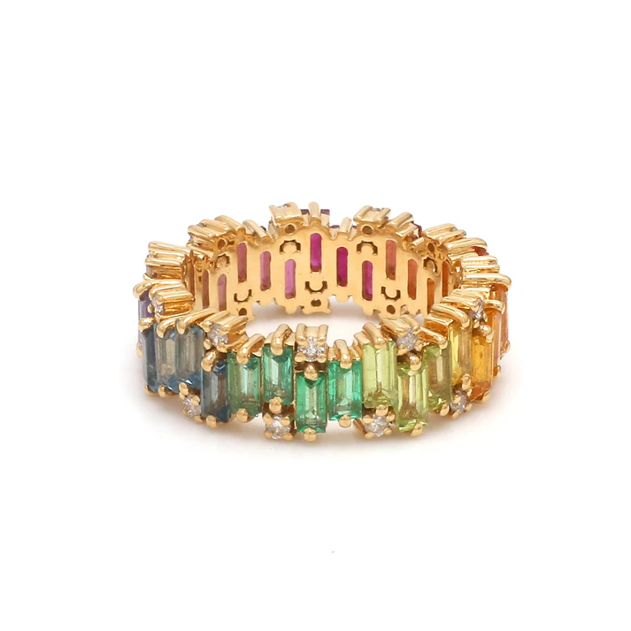 Rainbow Gemstone and Diamond Zig Zag Ring