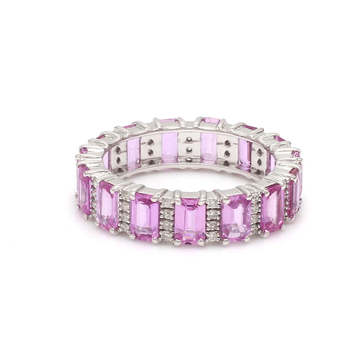 Pink Sapphire Emerald cut Diamond Eternity Band Ring