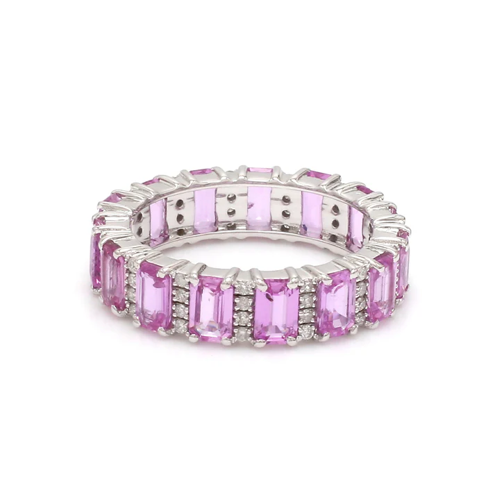 Pink Sapphire Emerald cut Diamond Eternity Band Ring