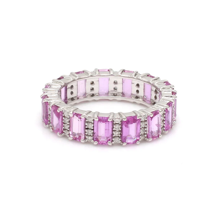 Pink Sapphire Emerald cut Diamond Eternity Band Ring