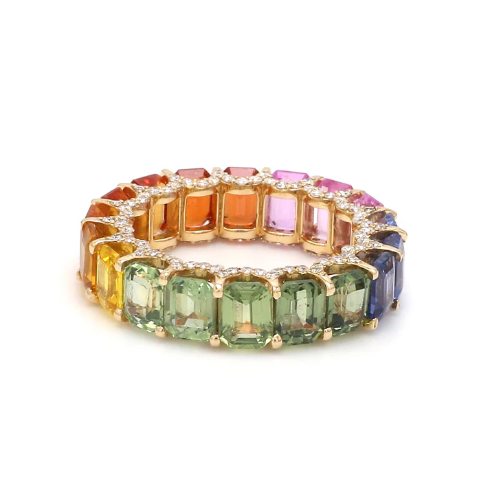 Rainbow Sapphire Emerald Cut Diamond Ring