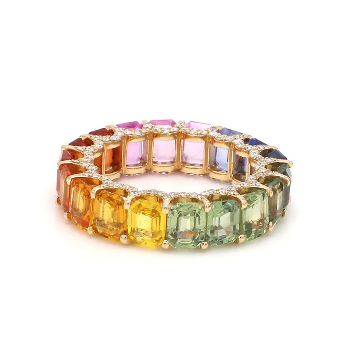 Rainbow Sapphire Emerald Cut Diamond Ring