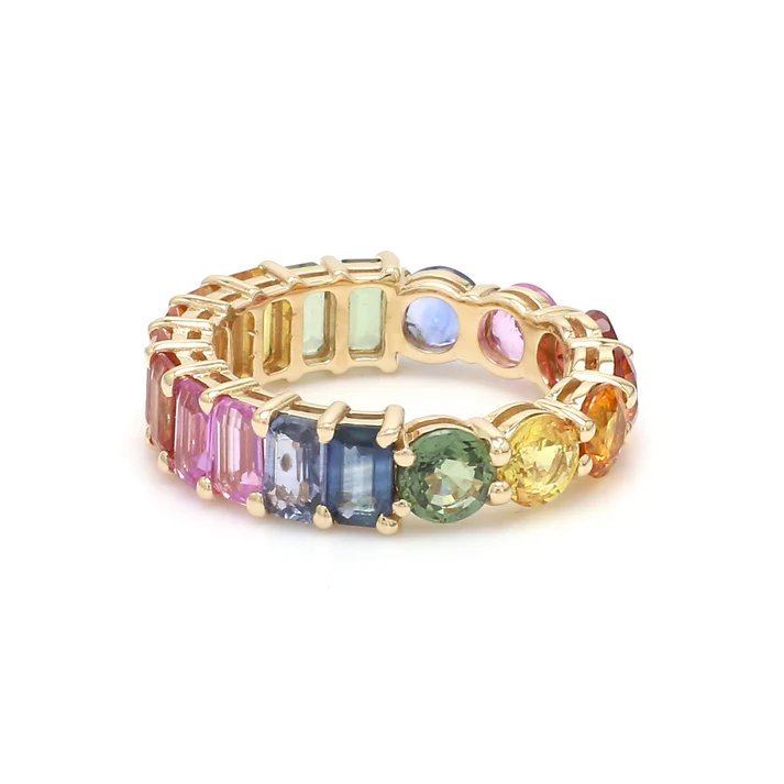 Rainbow Sapphire Half Emerald Cut and Half Round Ring