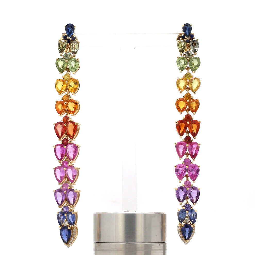 Rainbow Sapphire Pear Long Earrings