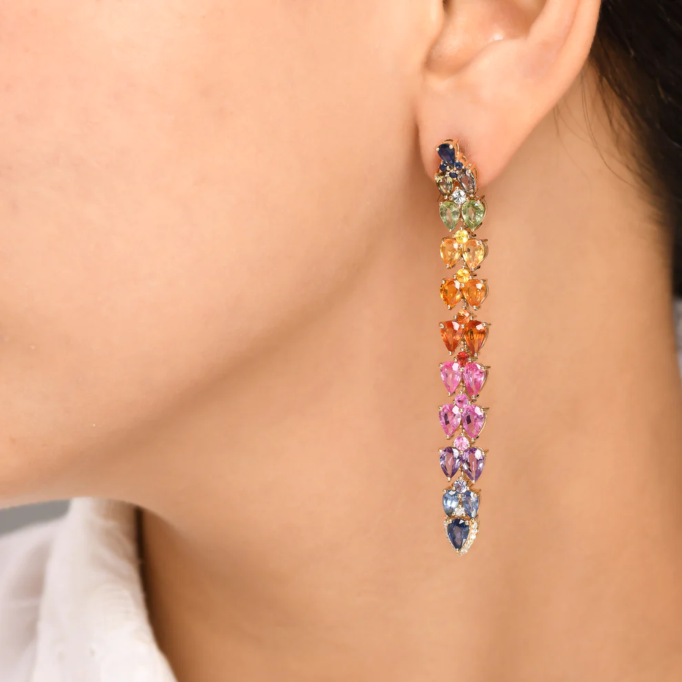 Rainbow Sapphire Pear Long Earrings