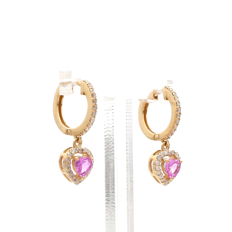 Pink Sapphire Heart Halo Diamond Mini Huggies Earrings