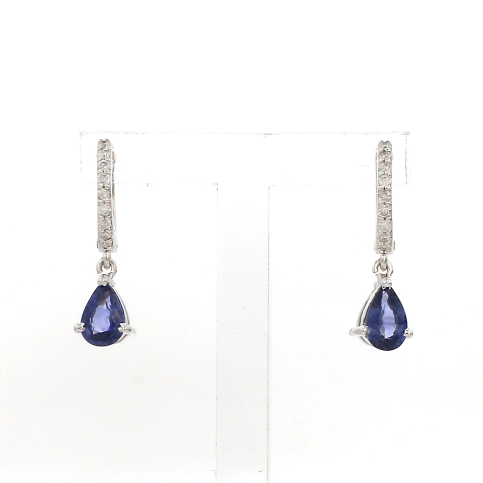 Blue Sapphire Pear Mini Huggies Earrings