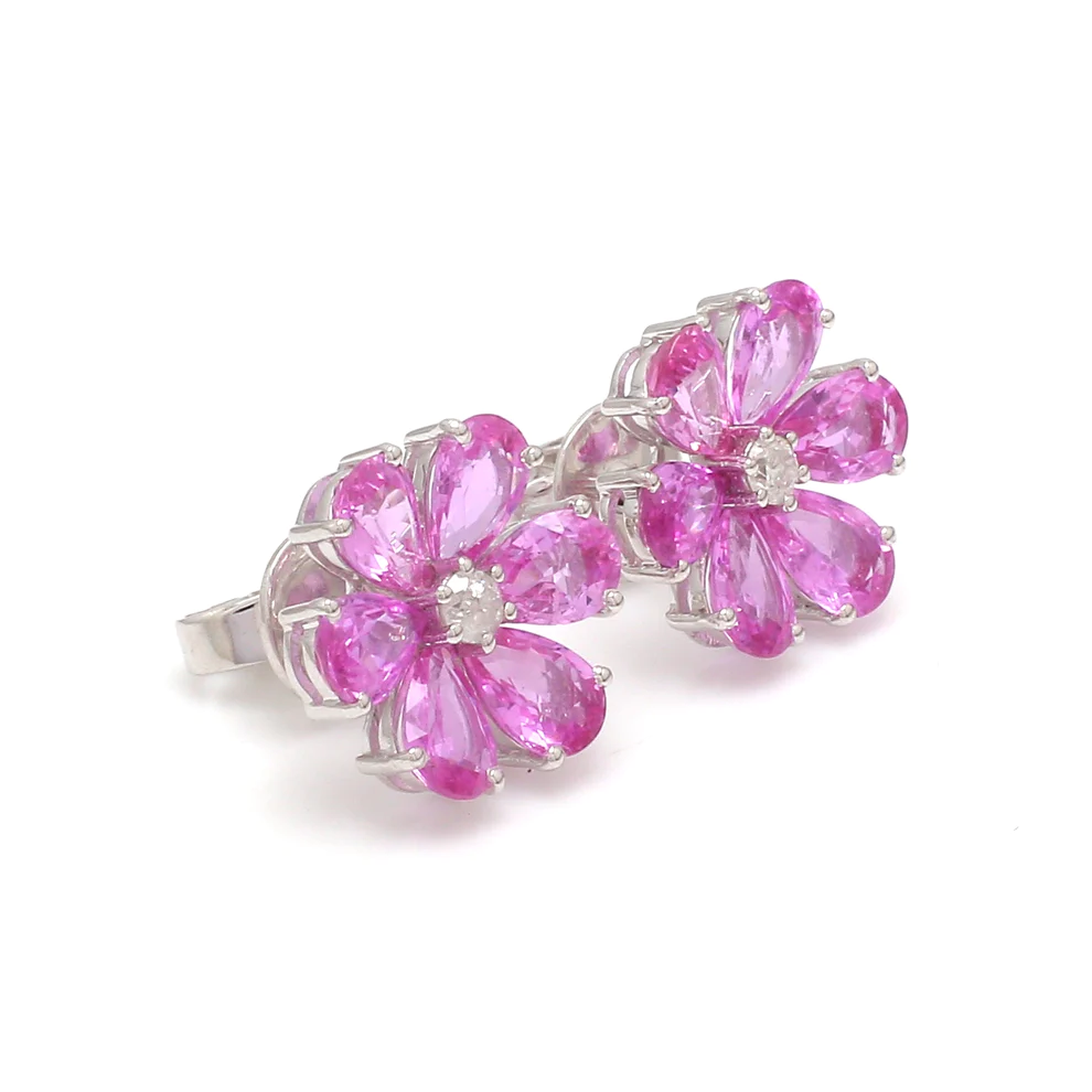 Pink Sapphire Diamond Flower Earrings Studs