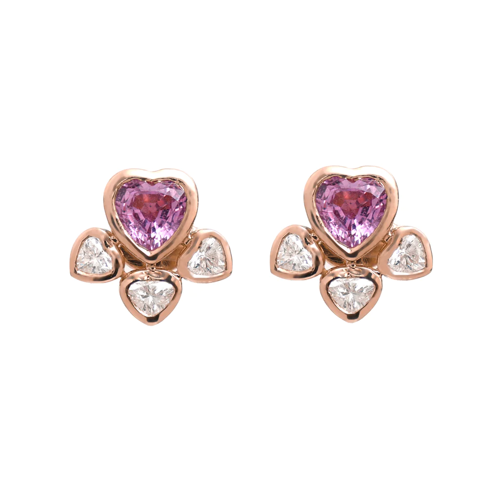 Pink Sapphire Heart And Diamond Studs