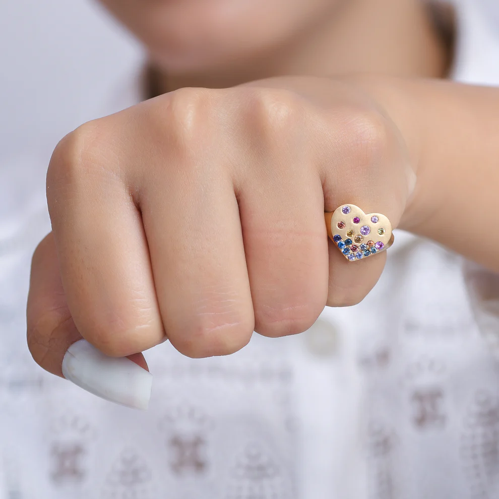 Rainbow Sapphire Heart Brushed Signet Ring