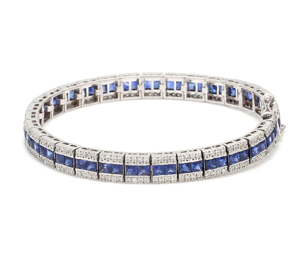 Blue Sapphire Princess Cut and Diamond Bracelet