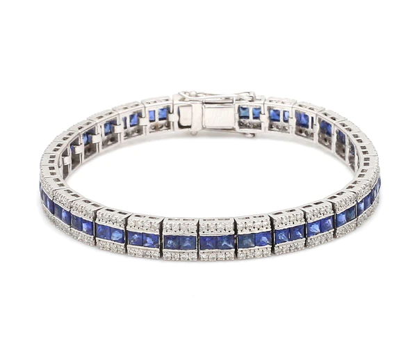 Blue Sapphire Princess Cut and Diamond Bracelet