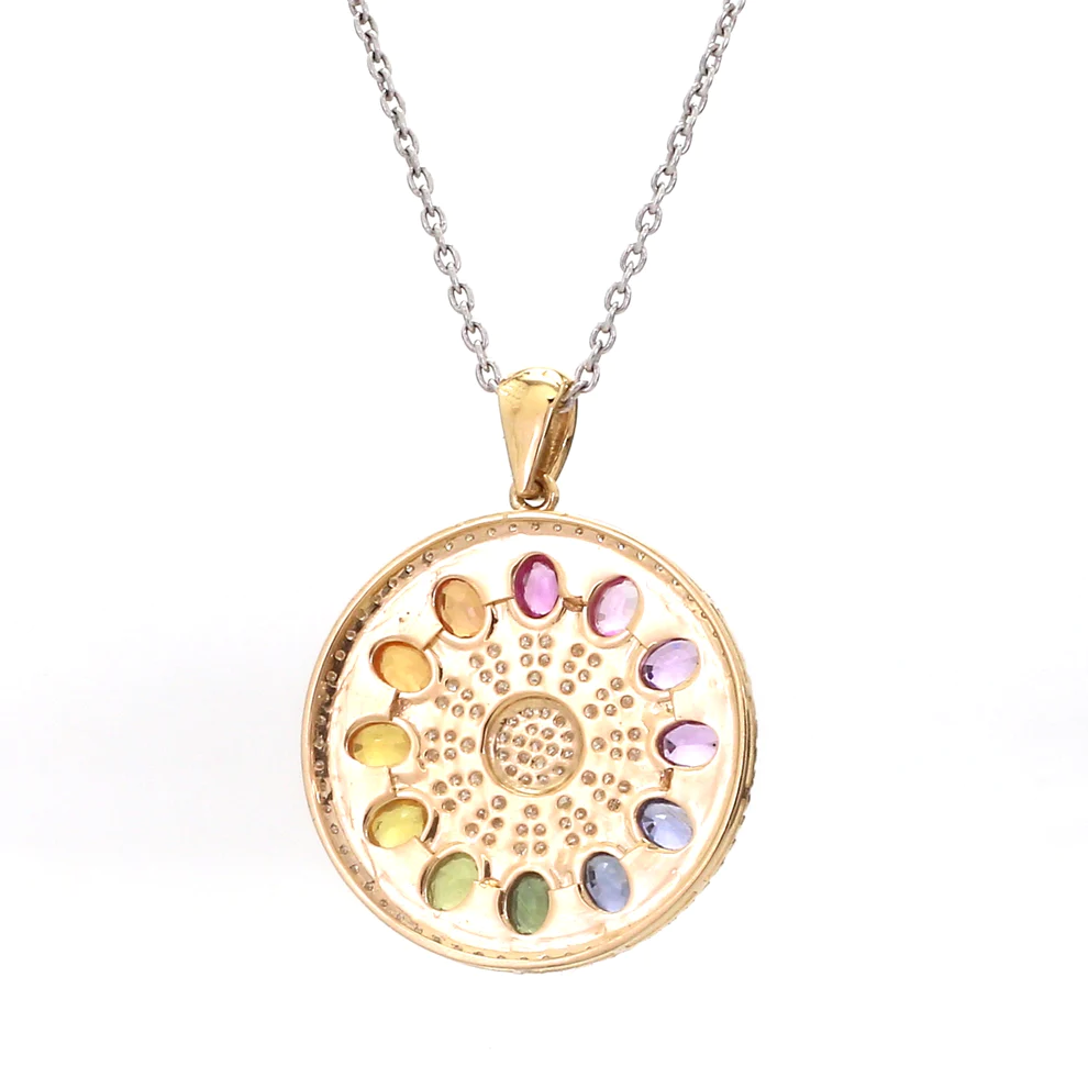 Rainbow Sapphire Oval and Diamond Disc Pendant