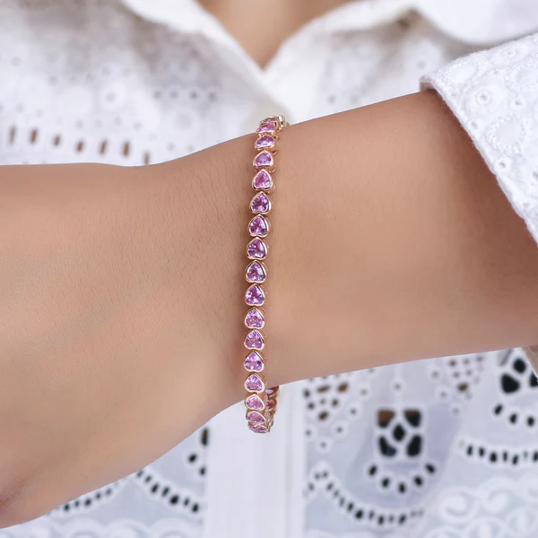 Pink Sapphire Bezel Set Heart Tennis Bracelet