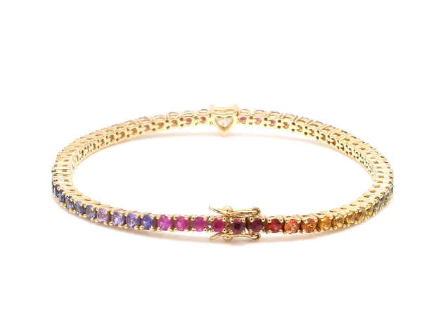 Rainbow Sapphire Heart Diamond Tennis Bracelet