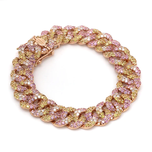 Pink Sapphire Yellow Sapphire Cuban Chain Bracelet