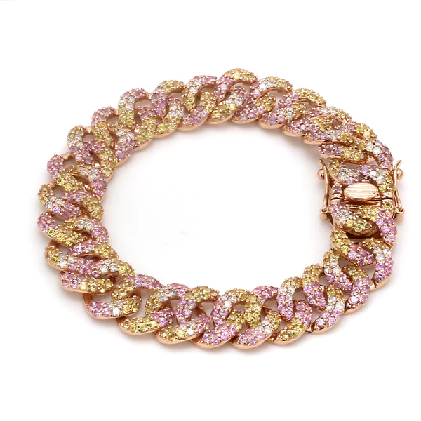 Pink Sapphire Yellow Sapphire Cuban Chain Bracelet